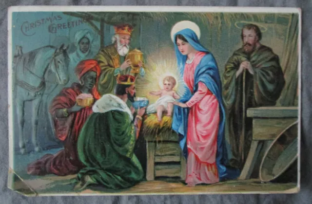 1912 Antique CHRISTMAS GREETINGS NATIVITY SCENE CHRISTMAS POSTCARD stamped