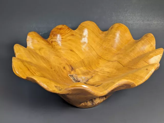 Carved Teak Wood Flower Bowl Scalloped Decor Fruit Serving MCM