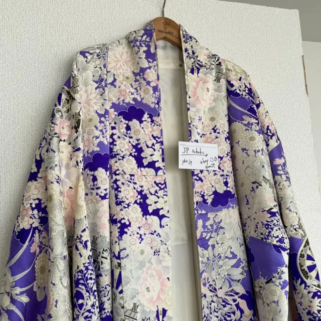 Japanese Kimono Silk Furisode Vintage Traditional flower pattern blue color