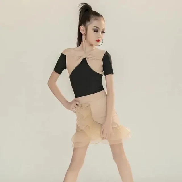 Ragazze Latino Danza Abito 2 Pezzi Increspatura per la Professionale Costume