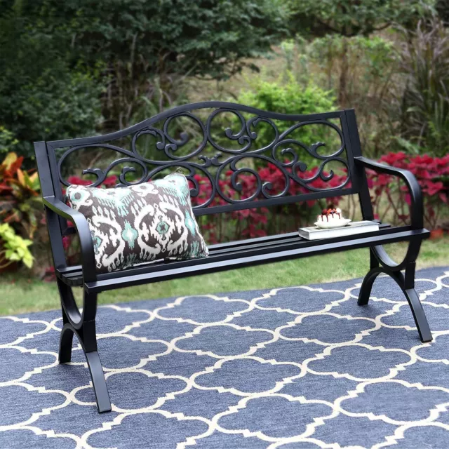 Garden Bench Metal Patio Bench Outdoor Porch Park Bench Cast Iron Sturdy Steel