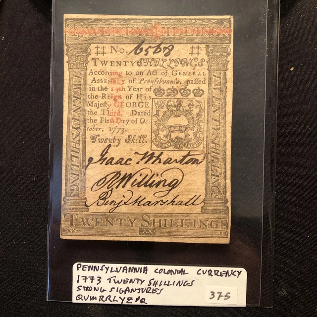 OCTOBER 1, 1773 50s Twenty SHILLINGS PENNSYLVANIA COLONIAL CURRENCY Ch. Paper
