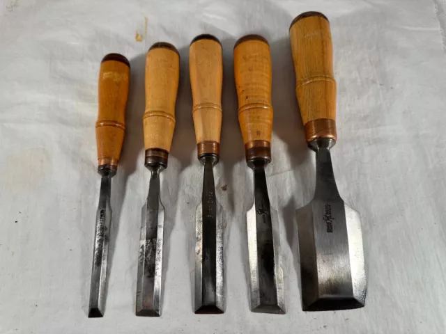 Vintage Set of 5 Buck Bros Beveled Edge Wood Chisels