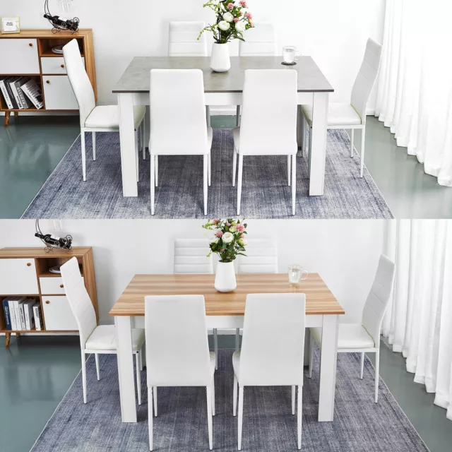 Mondeer Wooden Dining Table Set Grey&Oak w/6 Faux Leather Chairs Seat Kitchen