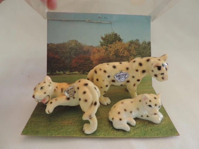 Vintage New Old Stock Bone China 3 Cat Leopard Cheetah Family Miniatures. Orim C