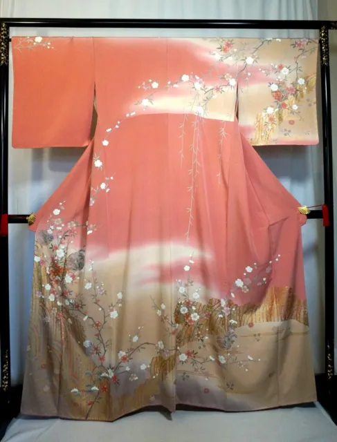Japanese kimono  "HOUMONGI" SILK, Gold leaf, a branch of SAKURA,Sign,L63"..1829