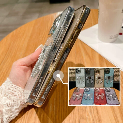 For iPhone 14/13/12/11/X Hollowed-out Bowknot Plating Case Matte Glitter Paper