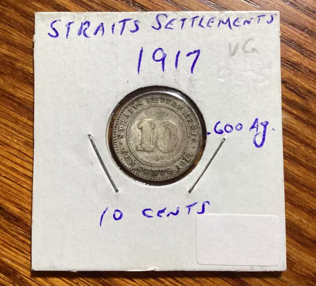 Straits Settlements 1917 George V 10 Cents Silver Coin (VF+)