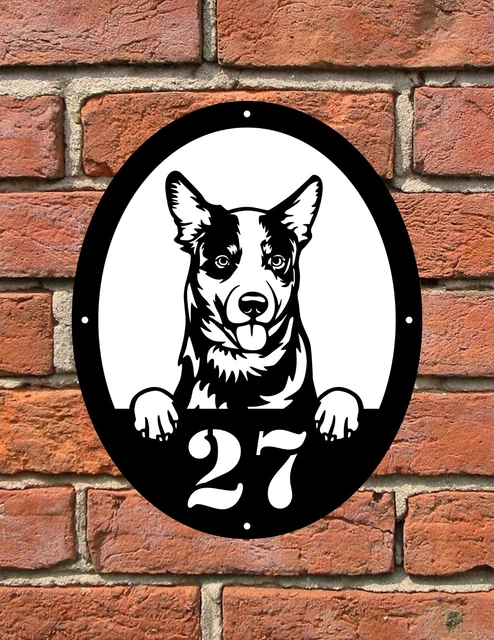 Letrero de placa con número de puerta personalizado con perro 023 perro ganado australiano