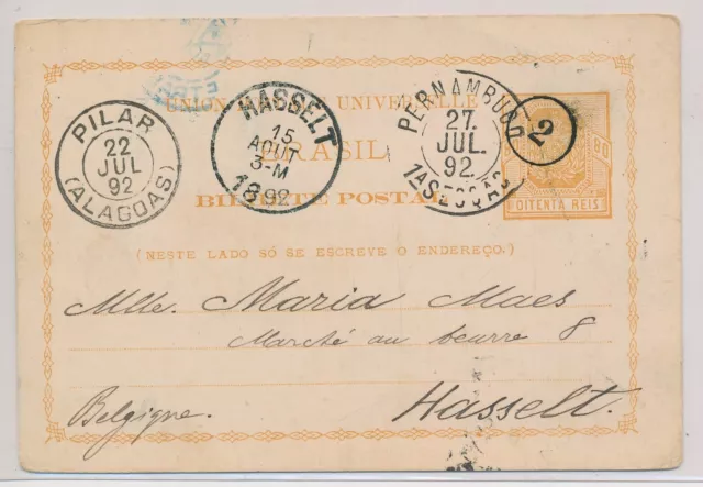 BV22334 Brazil 1892 to Belgium postal stationery fine postcard used