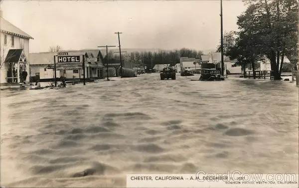 1938 RPPC Chester,CA Flooded Street,A.M.,December 11,1937 Plumas County Postcard