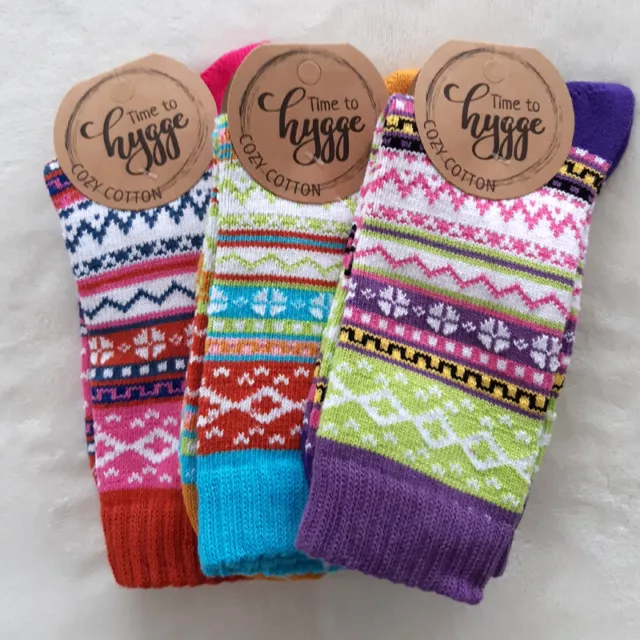 3 Paires Femmes Hygge Chaussettes Norvégiennes Coloré Beaucoup Coton Très Doux
