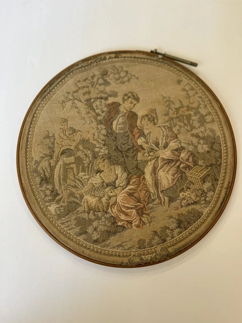Antique Victorian Scene Tapestry Framed In Embroidery Loop