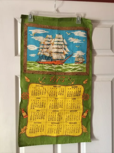 Vintage 1973 Linen Cloth Calendar Green with Ship Picture Nautical Theme