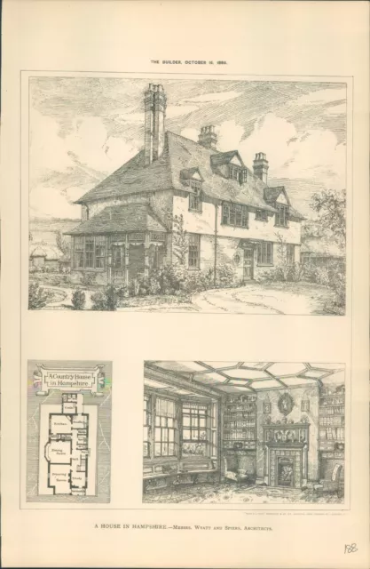 Antique Architects Print A Country House Hampshire The Builder 1886