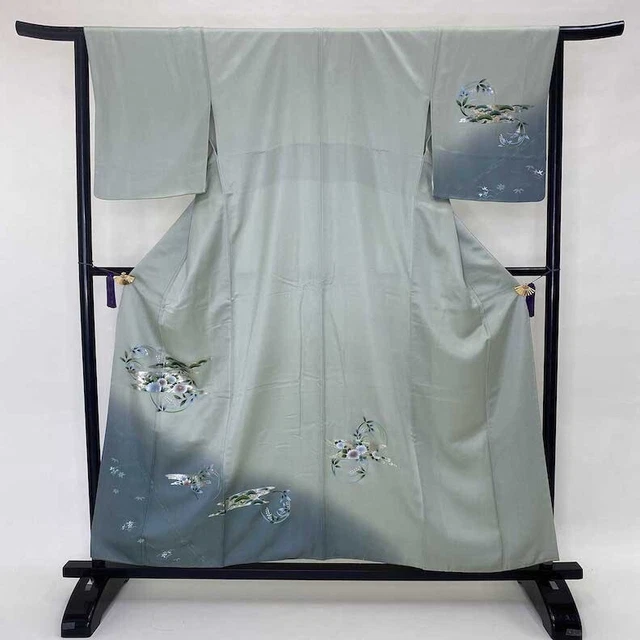 Japanese Kimono "HOUMONGI" TUKESA "Silk M size A rank gray green kimono 1161