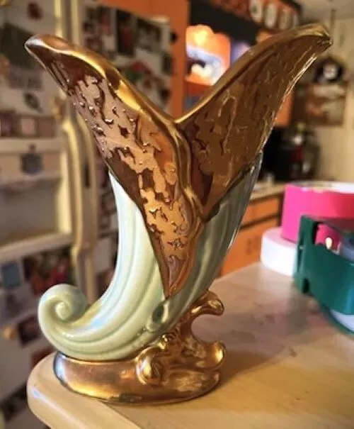 Vintage Savoy China 24K Weeping Gold Trim Blue Cornucopia Horn Vase