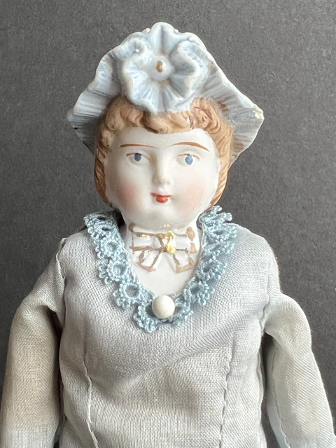 Antique German 7.5” Miniature Dollhouse Molded Hat Bisque Head Doll