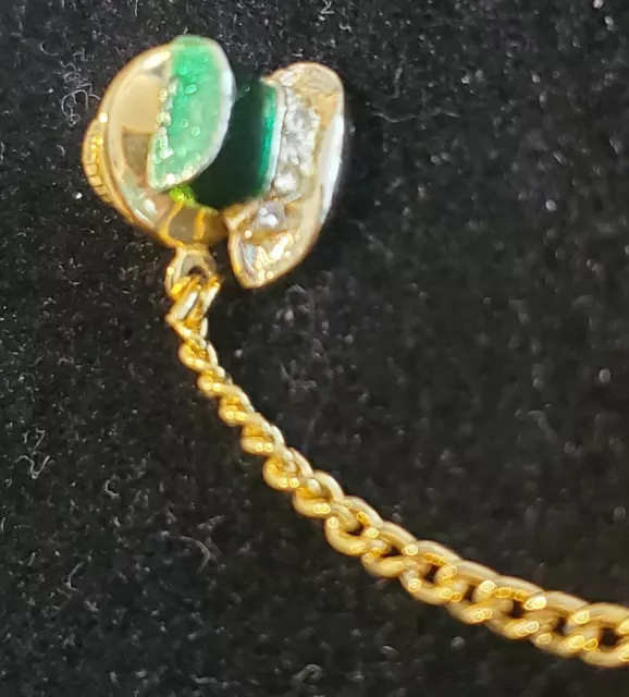 Vintage Gold Tone Tie Tack Pin With Chain Round Circle Enameled  W Rhinestones