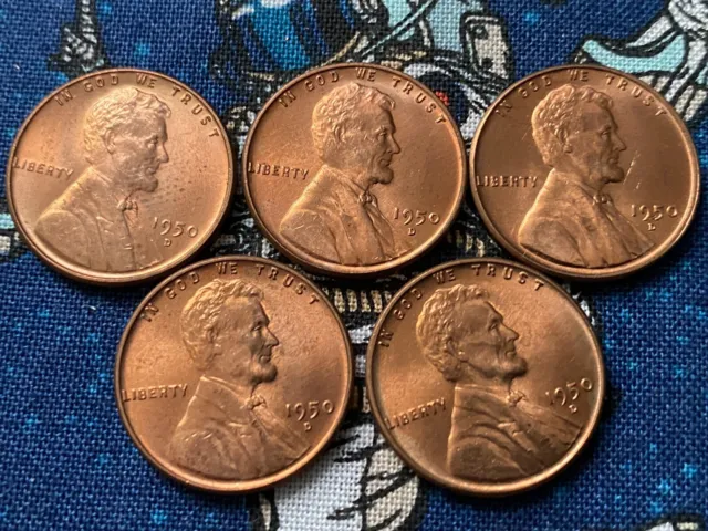 1950 D RED Lincoln Wheat Penny Cent UNCIRCULATED GEMS 5 PENNIES Nice Date