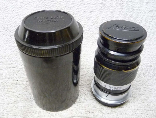 LENTE LTM vintage negra Leitz/LEICA 90 mm 9 cm f/4 montaje a tornillo ELMAR con tapas y estuche
