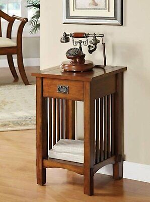Mission Style Telephone Stand in Antique Black Oak White Finish w/ Drawer