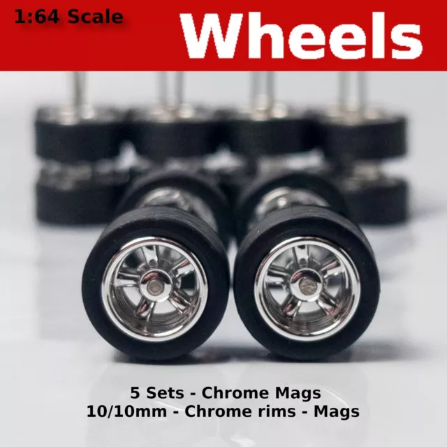 5 Sets - 10mm/10mm Chrome Mag rims 5 spoke Blackwall tire set. for Hot Wheels