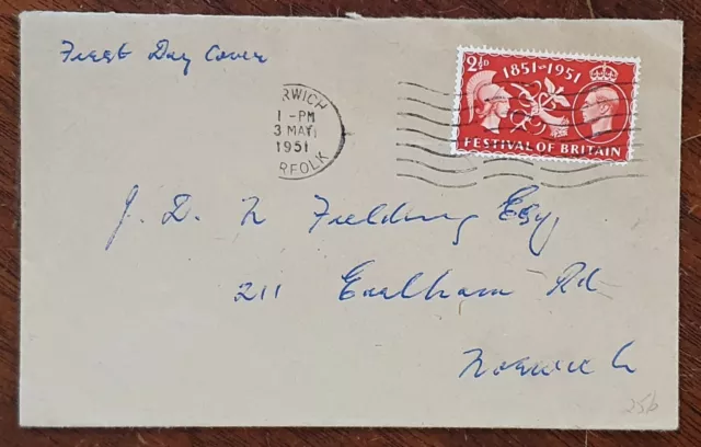 1951 2 1/2d Festival of Britain on Cover to Fielding, 211 Earlham Road, Norwich