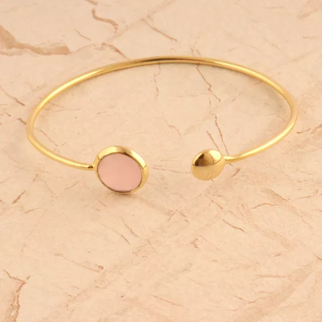 12 mm Round Pink Chalcedony Yellow Gold Plated Adjustable Bangle Gift For Her