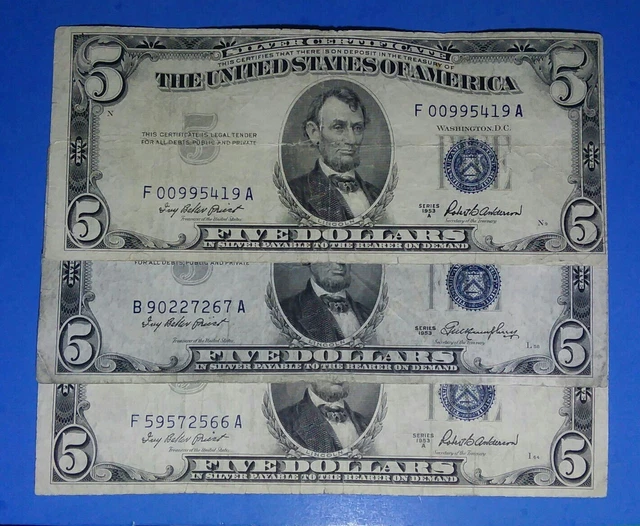 1953 & 53A$5 Silver Cert, Set of 3) Notes,Blue Seal,Circ F./VF, Nice!