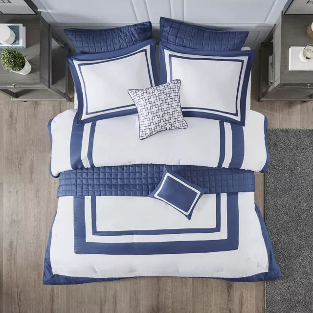 Navy Blue White Hotel Color Block 8pc Comforter Coverlet Set Full Queen Cal King 3