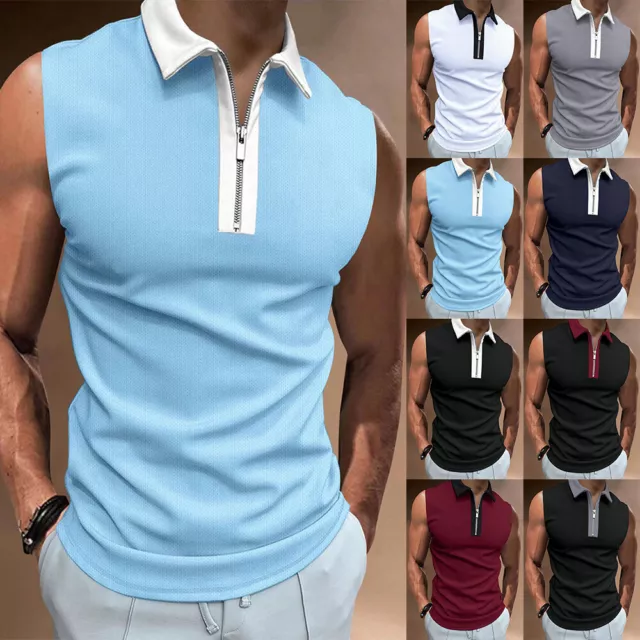Mens Polo Shirts Zipper Sleeveless Casual Sport Gym Golf Work Tank Tops Vest UK
