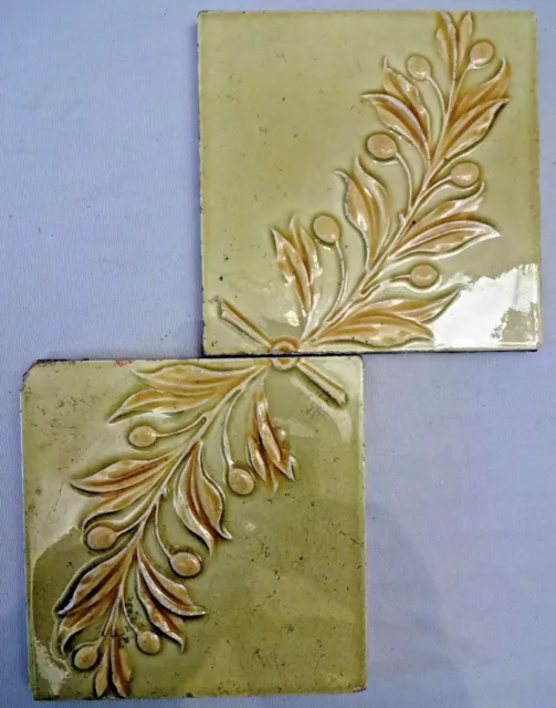 TILE MINTON ENGLAND LEAF BRANCH ART NOUVEAU MAJOLICA PORCELAIN VINTAGE 2pc # 92