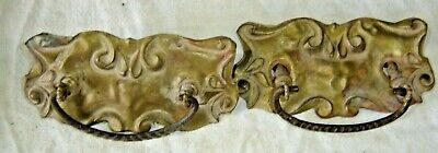 Antique Salvage ~ Pair Stamped Brass Drawer Pulls w/cast iron bale 3" Bore #1201