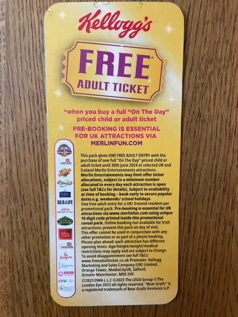 Kelloggs Merlin Attractions Free Adult Ticket Voucher - Expires 30th June 2024
