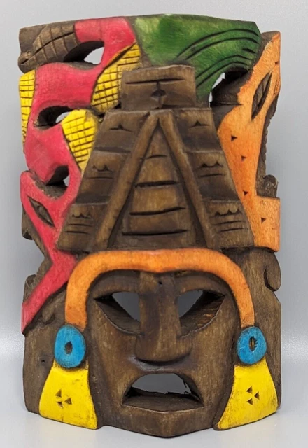 Wooden Mask Hand Made Mexican Carved Folk Art Mayan Aztec Beautiful 8" Decor