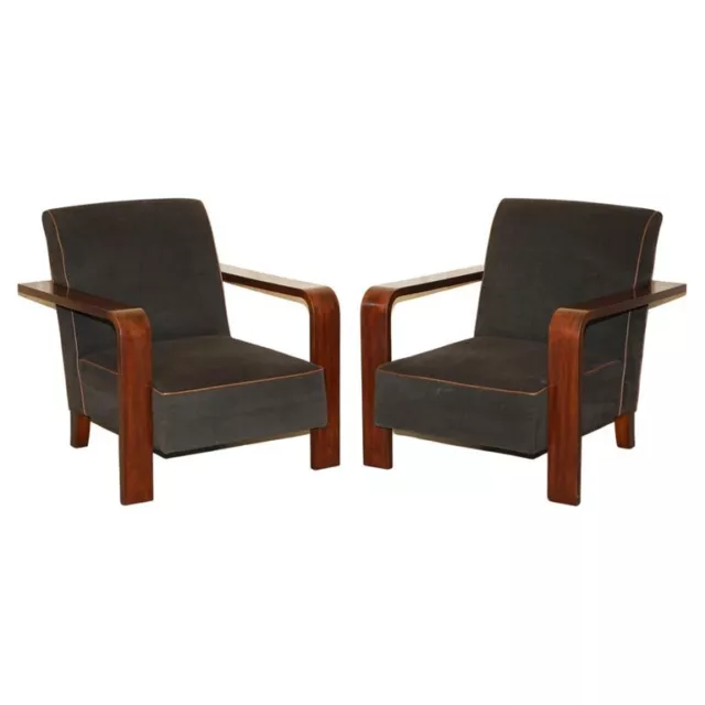 Pair Of Rrp £13130 Ralph Lauren Lounge Moderne Mahogany Armchairs Mohair Leather