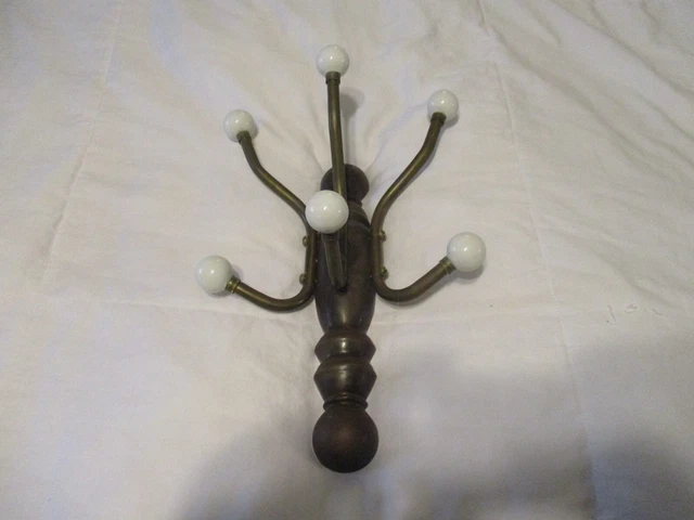 Vintage Brass and Porcelain Knob 6 Hat Hooks Wall Hooks Towel Hooks Coat Hooks