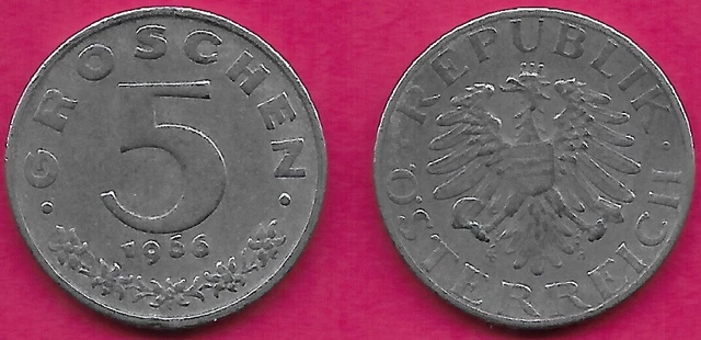 Austria 5 Groschen 1966 Vf Imperial Eagle With Austrian Shield On Breast,Ho