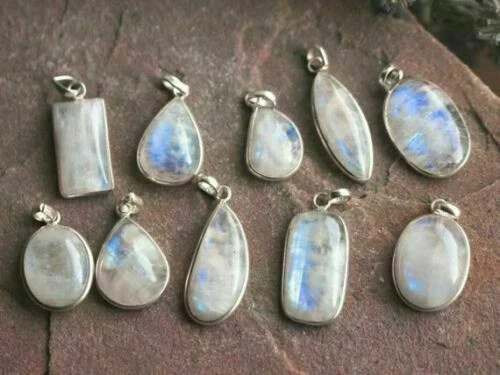 Rainbow Moonstone Gemstone 925 Sterling Silver Plated 10Pcs Pendants Lot 5MP-189