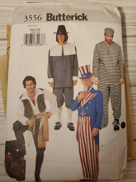 Butterick Pattern 3556 Pirate Pilgrim Prisoner Uncle Sam Size Men XS, S, M CUT