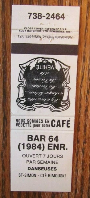 Girlie: Bar 64 Gentlemen's Strip Club Matchbook Cover (St-Simon, Quebec) -E23