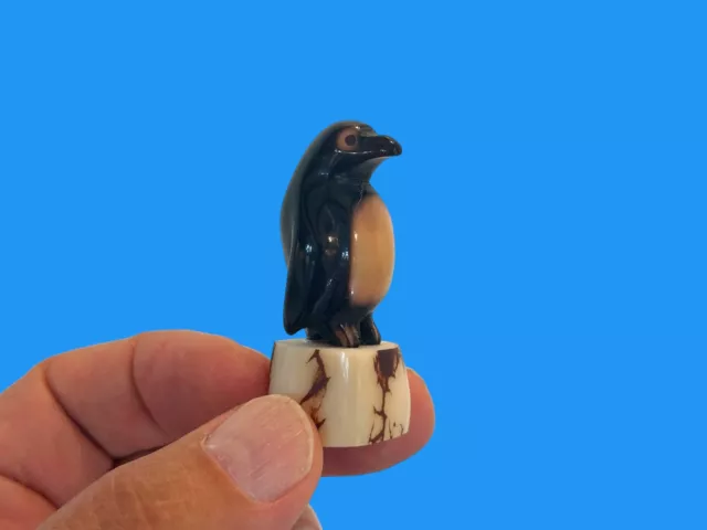 Adorable bright Penguin hand carved from tagua vegetable ivory new by WFH