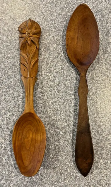 2 Vtg Carved Spoons: Black Forest/Swiss/German EDELWEISS & Plain Wood Folk Art