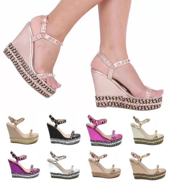 Womens Espadrilles Summer Sandals Heel Wedge Ladies Platform Studded Strap Shoes