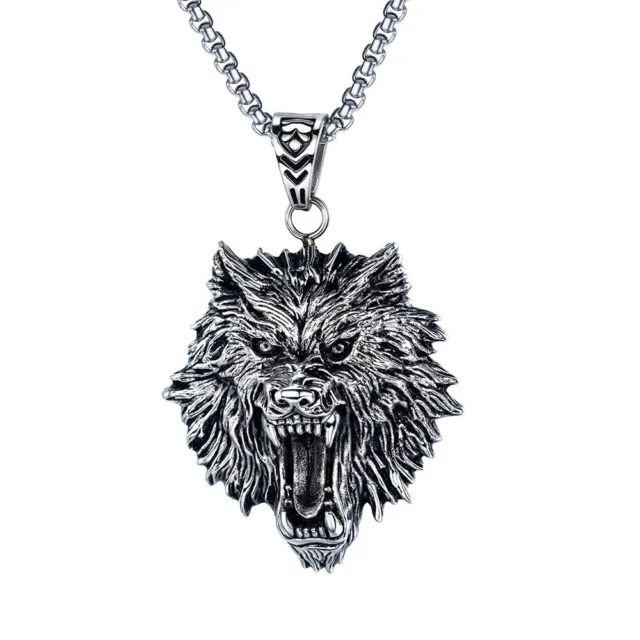Mens Necklace Stainless Steel Viking Fenrir Wolf Head Pendant Men's Jewelry