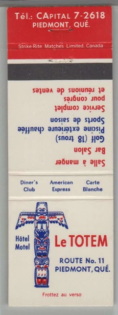 Matchbook Cover - Vintage Hotel Hotel Le Totem Piedmont, Quebec Canada