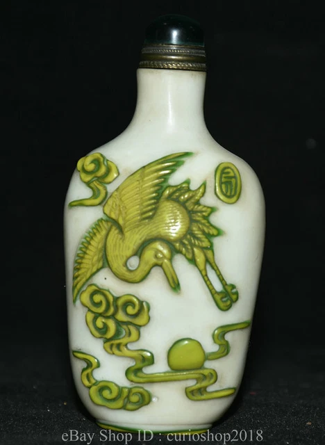 3.4 " China Glass Dyansty Animal Fly Red-crowned Crane Bird Pattern snuff bottle