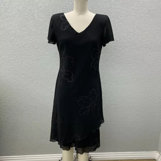 S.L Fashions Layered Shift Dress Women's 8 Black Floral Glittery Short Sleeve