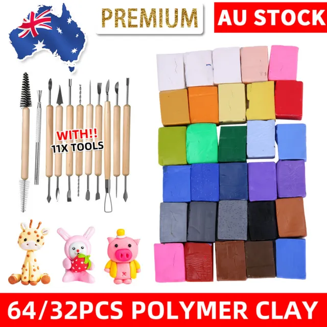 64x Polymer Clay Modelling Kit 11x Tools DIY Toys Oven Bake Block Moulding Craft